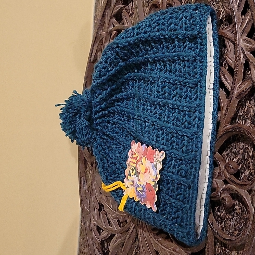Handmade pom-pom hat beanie with fleece lining at ears crochet